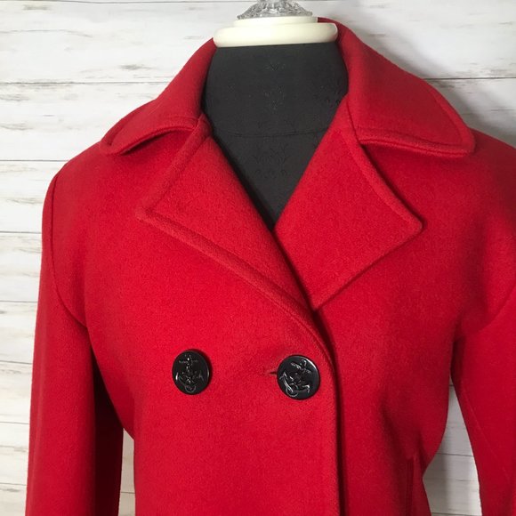 Vtg USA Lands' End Direct Merchants Red Wool Anchor Button Peacoat Jacket 8 S - Picture 2 of 14